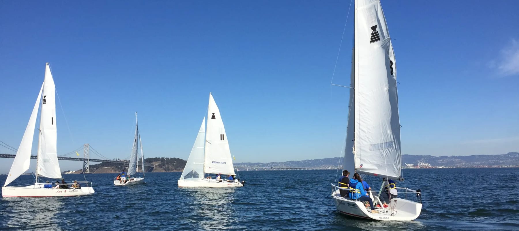 A fleet of small keelboats sailing together on San Francisco Bay with the Bay Bridge behind them