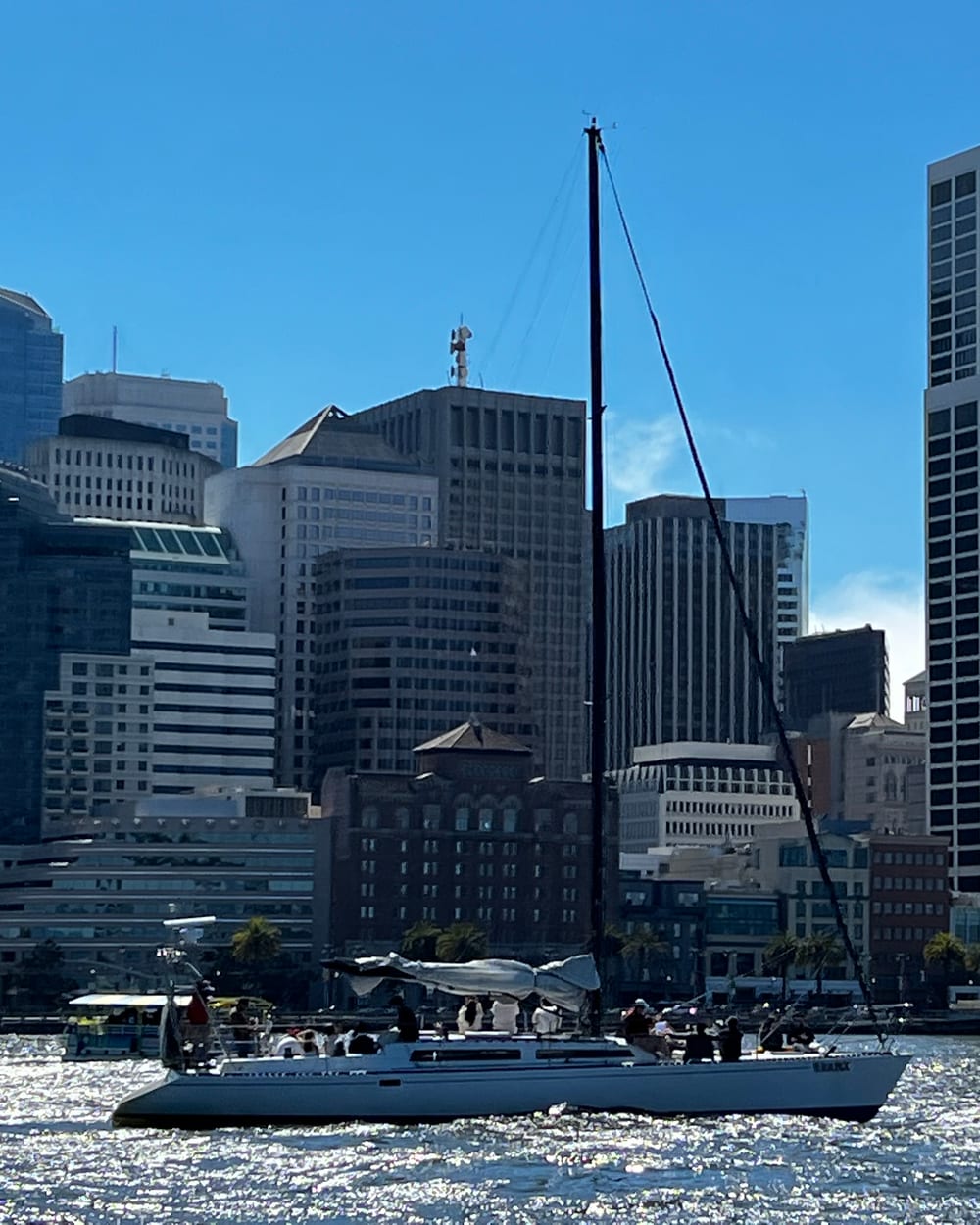 The sailboat Yukon Jack motoring past the towers of downtown San Francisco on sparkling water, with guests on deck
