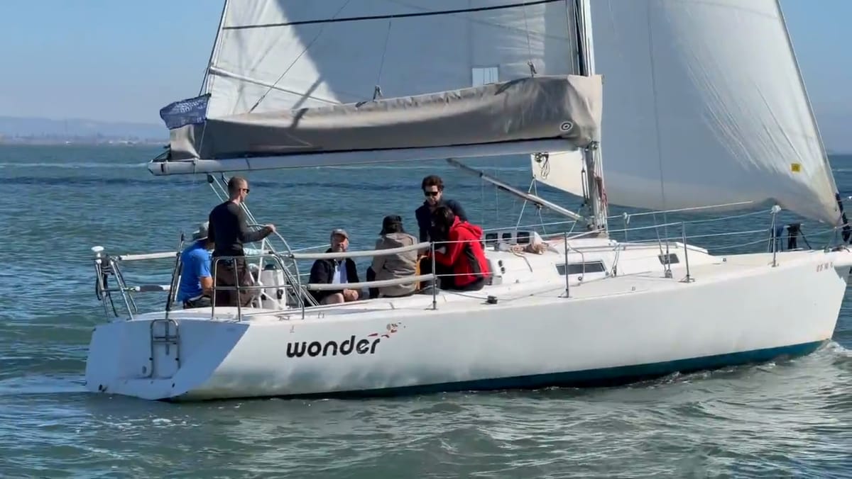 Guests aboard the J/105 Wonder sailing on San Francisco Bay